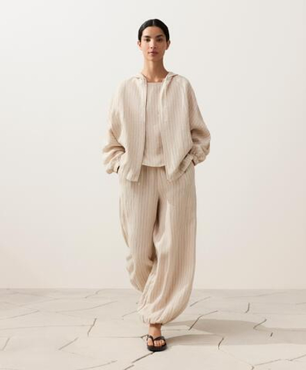 OYSHO Полосатые брюки из 100% льна, песочный меланж