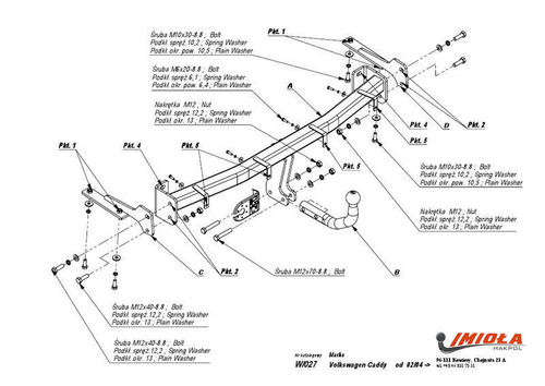 Фаркоп IMIOLA W.027 Volkswagen Caddy 2004-(паспорт и сертификат в комплекте)(без электрики)