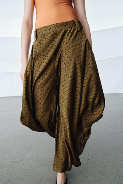 ZARA БРЮКИ ZW COLLECTION С ДРАПИРОВКОЙ И ПРИНТОМ, КОРИЧНЕВЫЙ