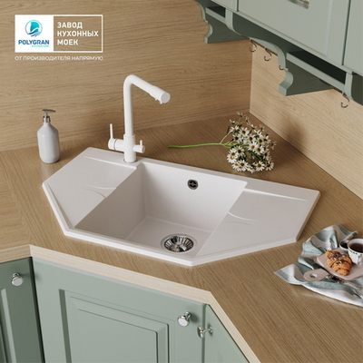 Мойка POLYGRAN RIFF-800 белый хлопок №36, смеситель DORADO белый хлопок №36