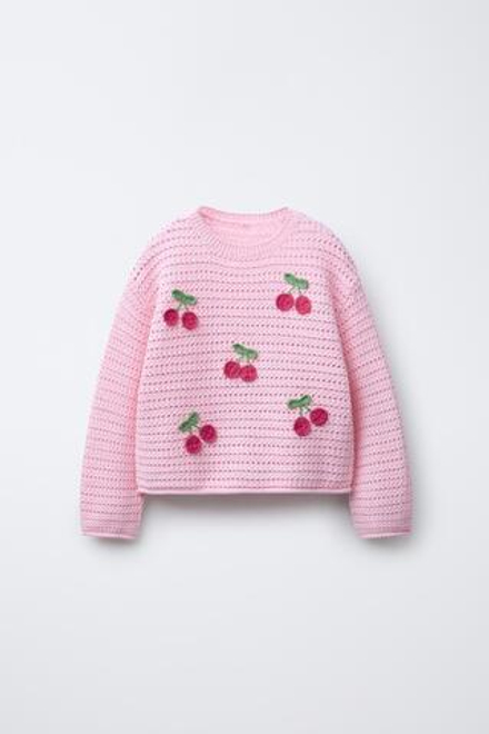 ZARA ТРИКОТАЖНЫЙ ДЖЕМПЕР С ВИШНЯМИ, РОЗОВЫЙ