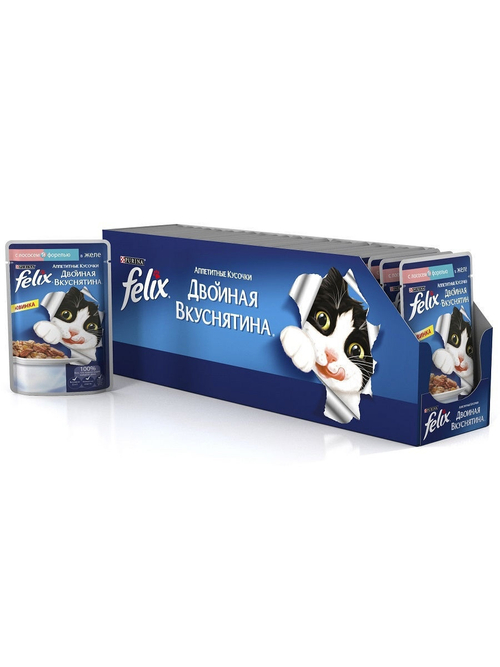Влажный корм Felix Двойная вкуснятина для кошек, лосось форель в желе, 26 шт x 85 г