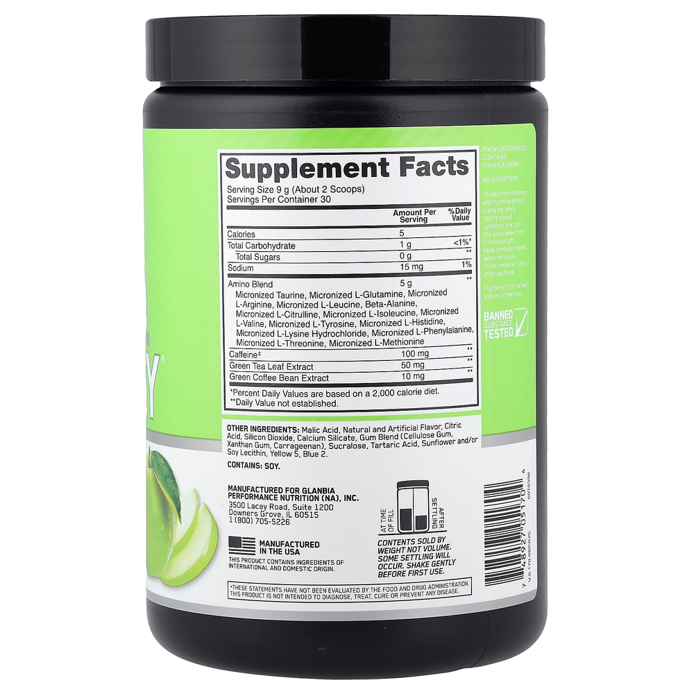 Optimum Nutrition, Незаменимые Amin.O. Energy®, зеленое яблоко, 270 г (9,5 унции)