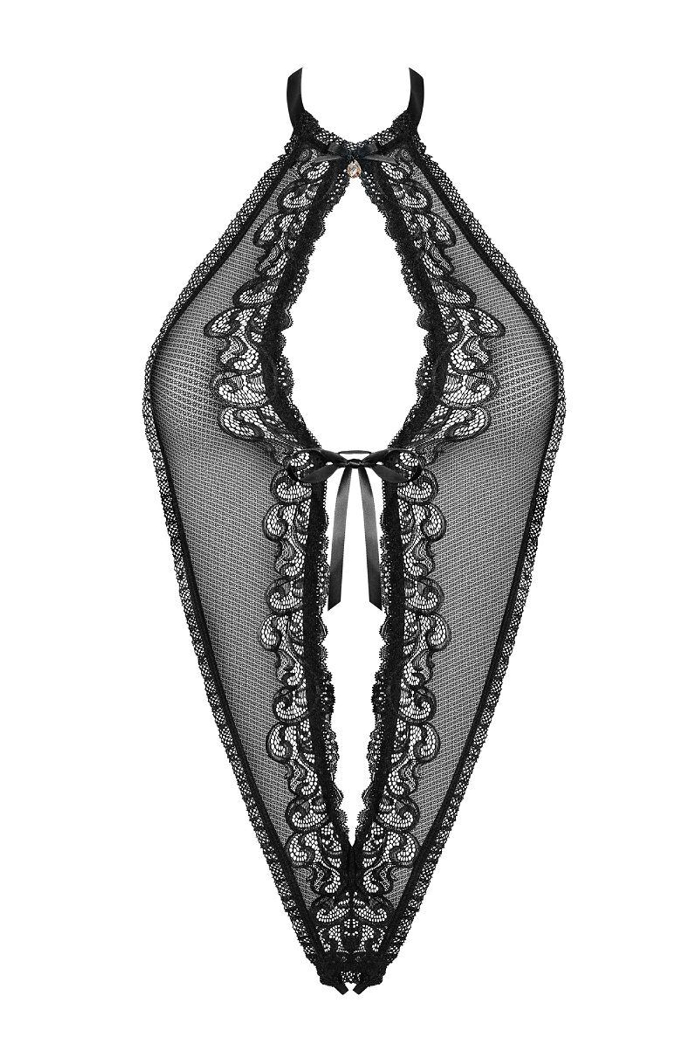 Очаровательное боди из сетки с кружевной отделкой и открытой спинкой (Размер: S-M) (Цвет: черный)