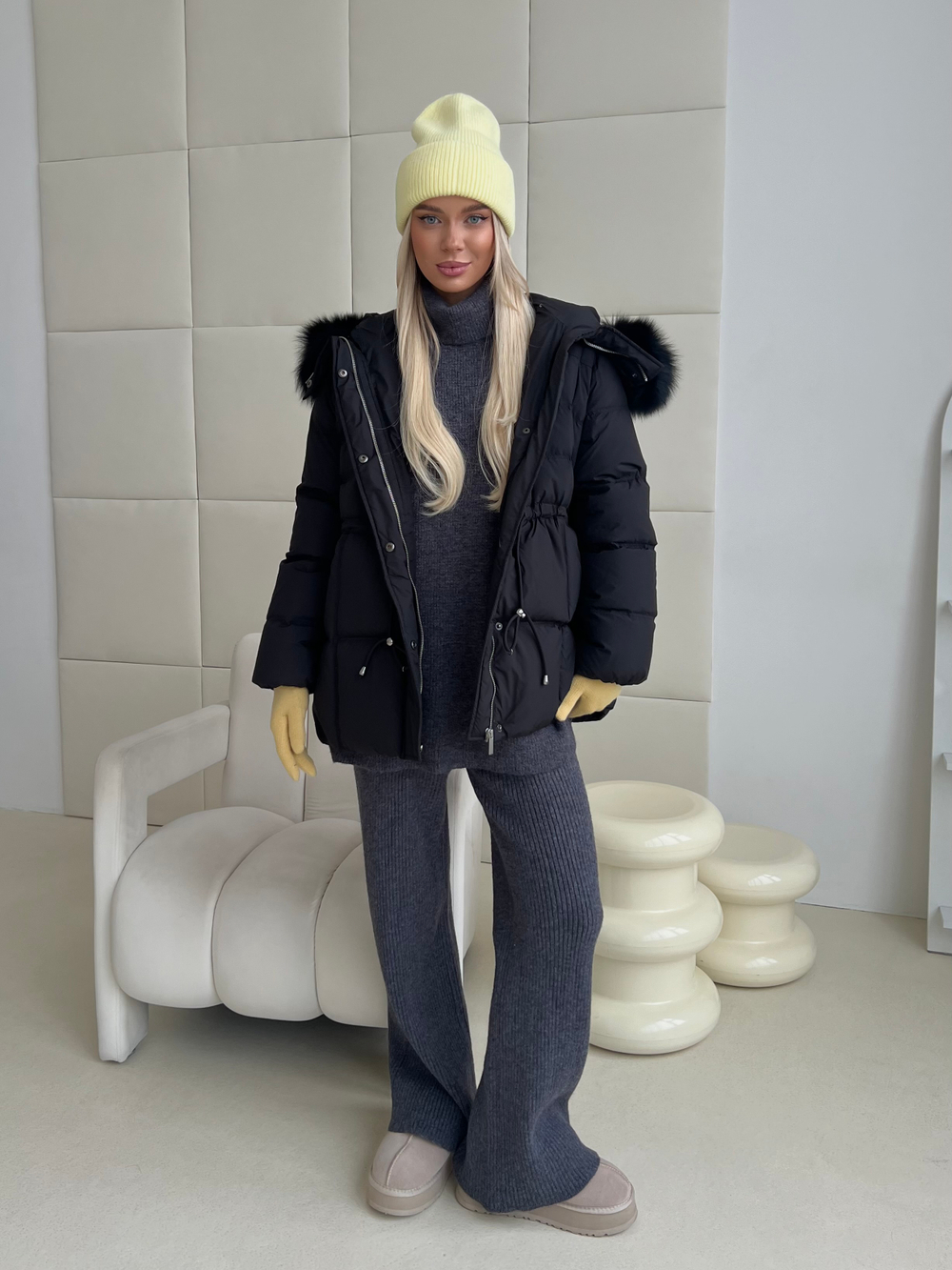 Пуховик Fresh миди с кулиской черный