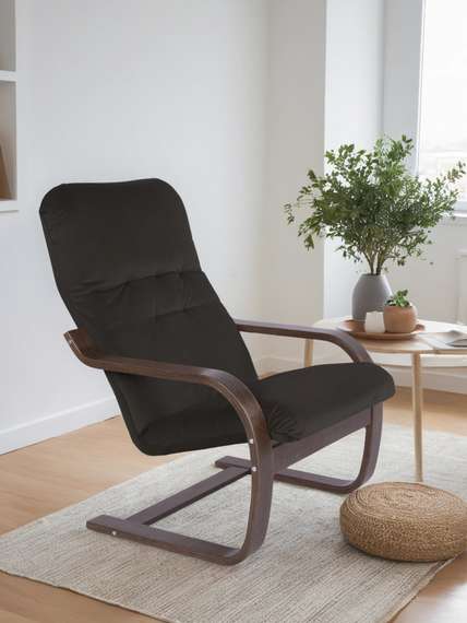 Кресло Сайма ткань экокожа черный, каркас орех