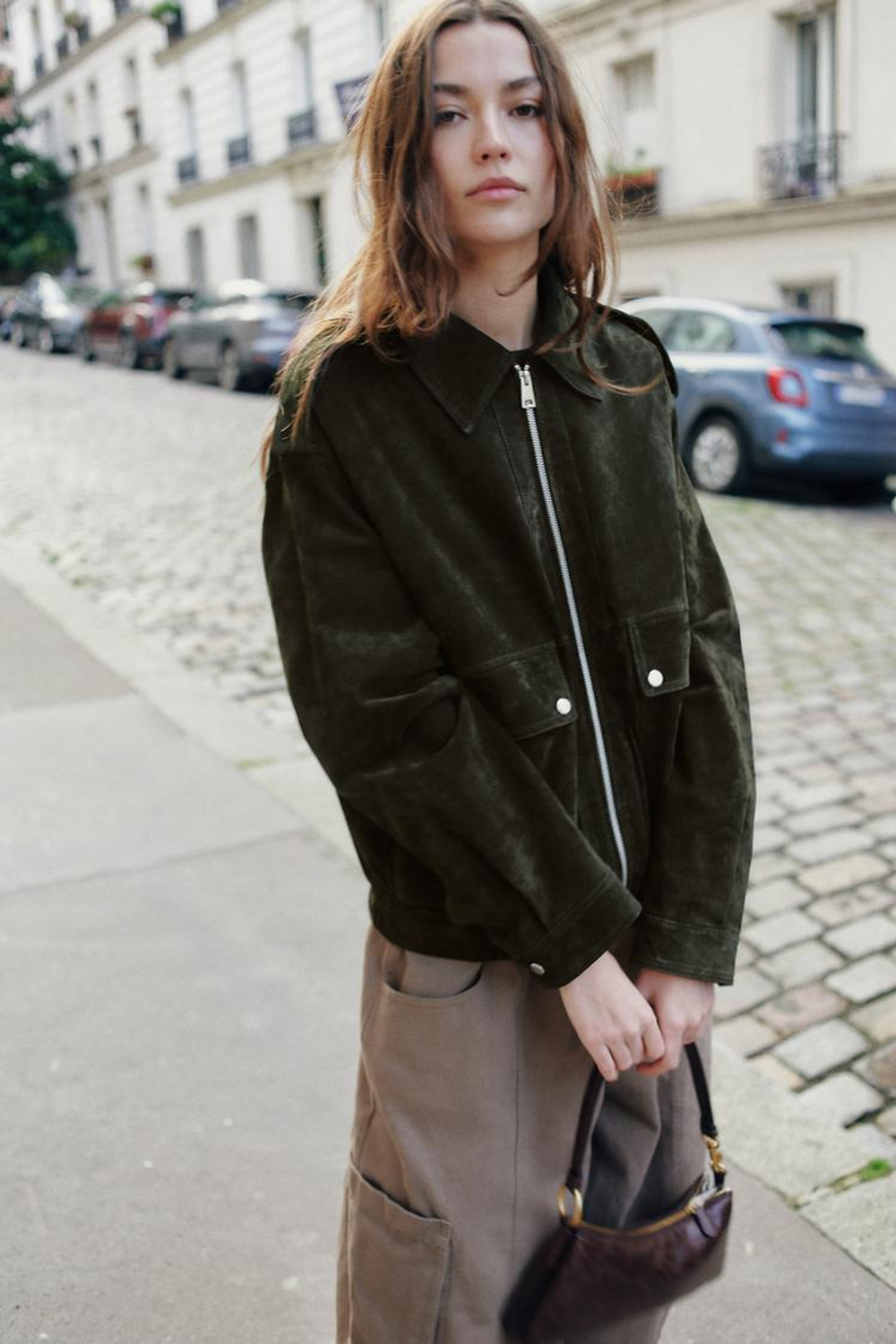 ZARA КУРТКА ИЗ 100% НАТУРАЛЬНОЙ ЗАМШИ, ХАКИ