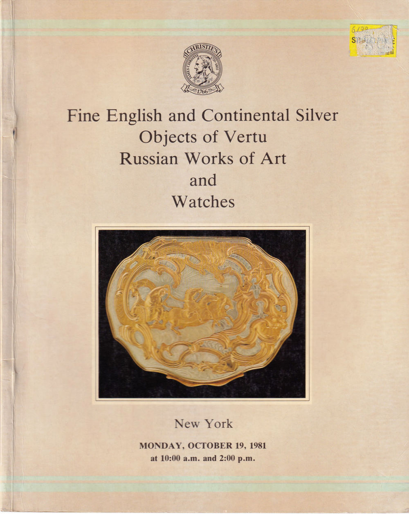 Каталог аукциона Christie's, Нью-Йорк, Английское и европейское серебро, объекты роскоши, русское искусство и часы от 19 октября 1981 года