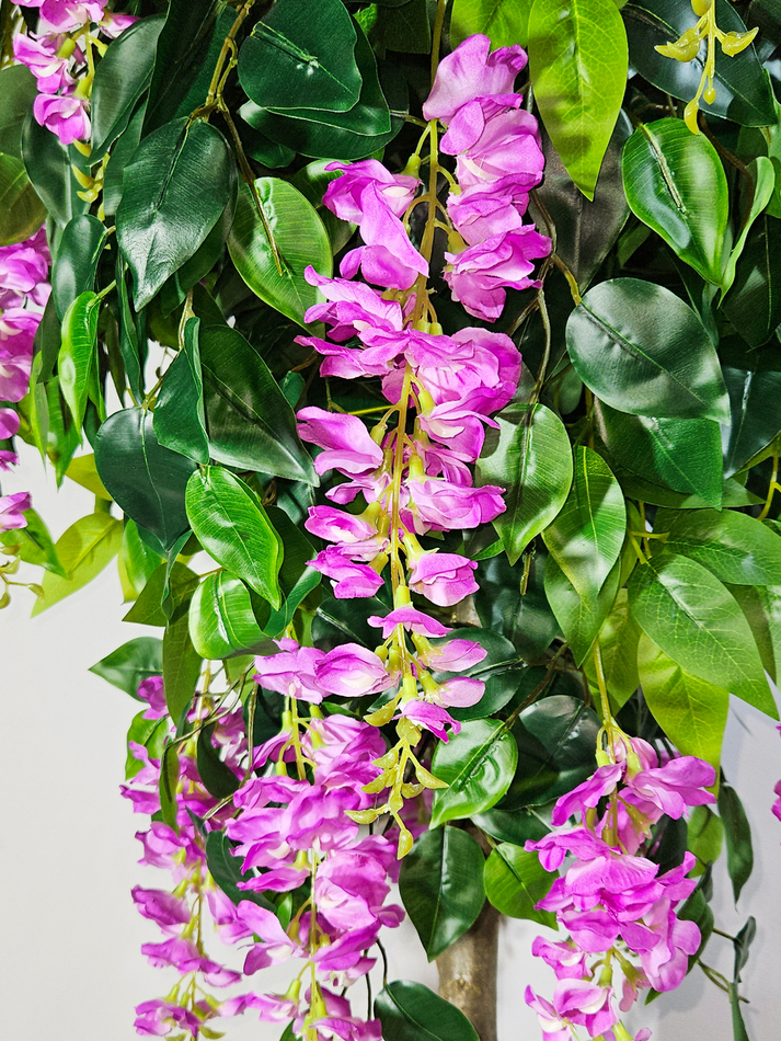 Искусственное дерево Глициния лиловая 180см в высоком белом кашпо ротанг