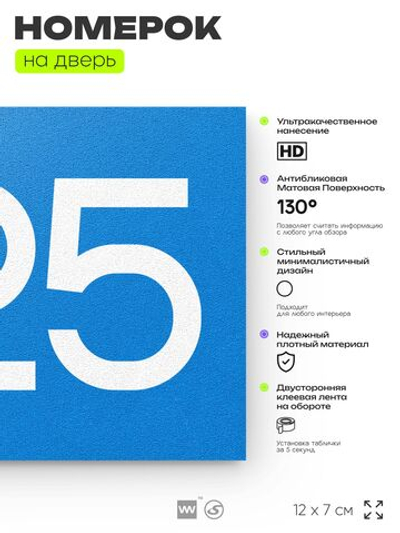 Номер на дверь 825, табличка на дверь для офиса, квартиры, кабинета, аудитории, склада, голубая 120х70 мм, Айдентика Технолоджи