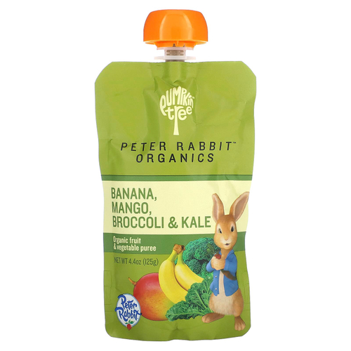 Pumpkin Tree Organics, Peter Rabbit Organics, органическое фруктовое и овощное пюре, банан, манго, брокколи и кудрявая капуста, 125 г (4,4 унции)
