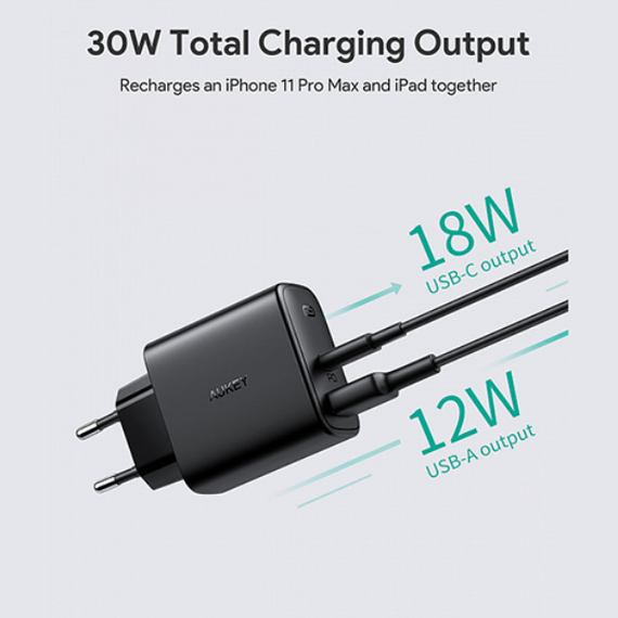 Сетевое зарядное устройство Aukey Swift Mix PD 32W USB-A + USB-C (PA-F3S), черный