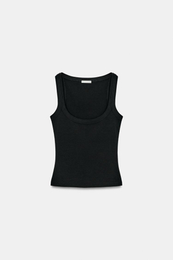 ZARA ХЛОПКОВАЯ ФУТБОЛКА БЕЗ РУКАВОВ, ЧЕРНЫЙ