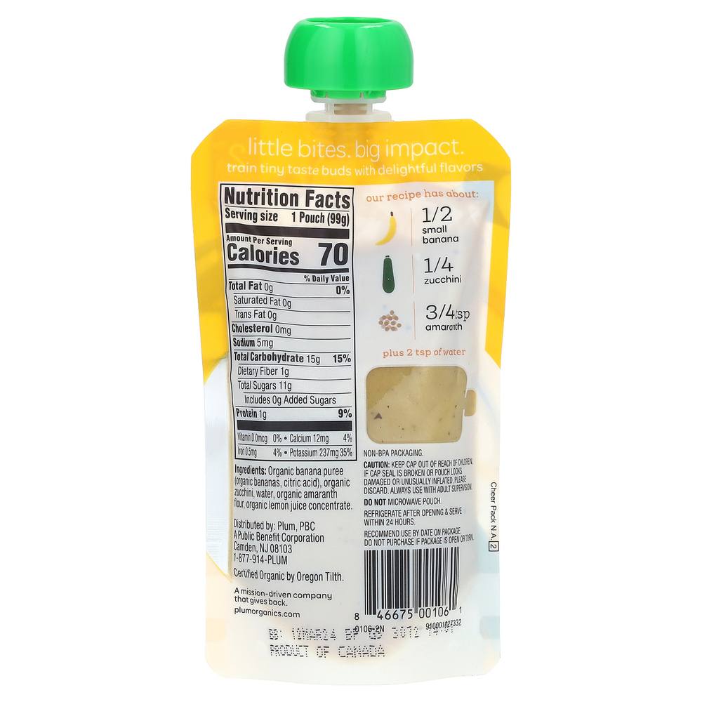 Plum Organics, органическое детское питание, этап 2, банан, цуккини и амарант, 99 г (3,5 унции)