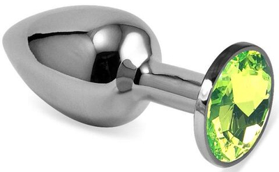 Серебристая гладкая анальная пробка с салатовым кристаллом - 8,5 см. (Цвет: салатовый)