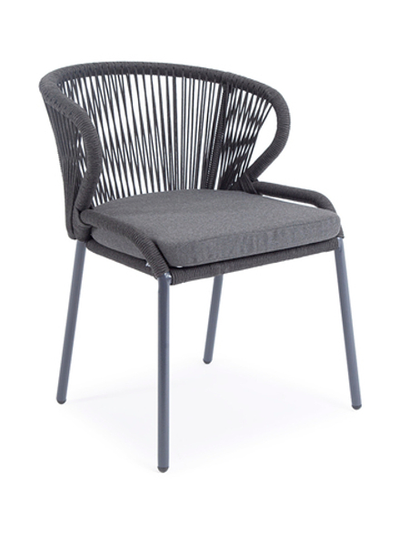 "Милан" стул плетеный из роупа, каркас алюминий темно-серый (RAL7024) муар, роуп темно-серый круглый, ткань темно-серая 027