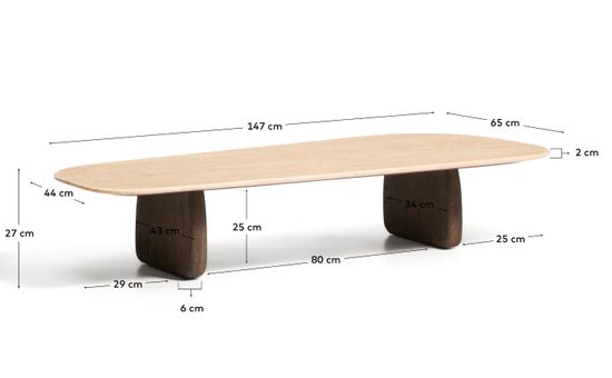 Журнальный столик Pirita из бежевого травертина с ножками из дуба с темной отделкой, 147 x 65 см
