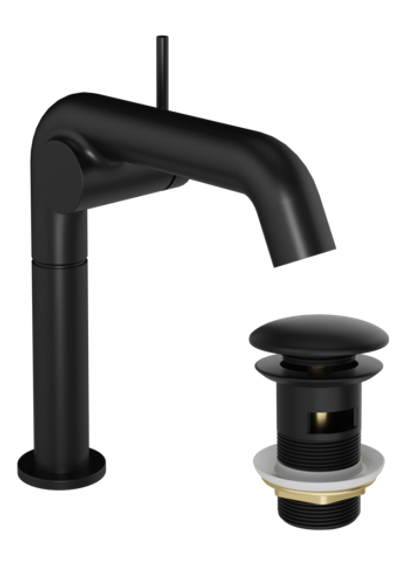 Смеситель для раковины STWORKI Лунд S25010BK + донный клапан SD-001BK матовый черный