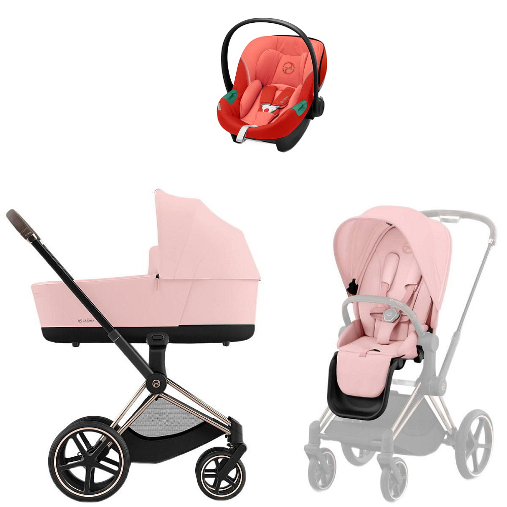 Коляска Cybex Priam IV Rosegold complete Aton S2 Hibiscus Red Base One 4 в 1 Peach Pink