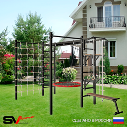 Уличная шведская стенка Sv Sport рукоход с комплектом турник прямой 2шт У5286.1 (Турник/Брусья/Стойка/Скамья/Гнездо 100см/Канат/кольца/лестница/Сетка)