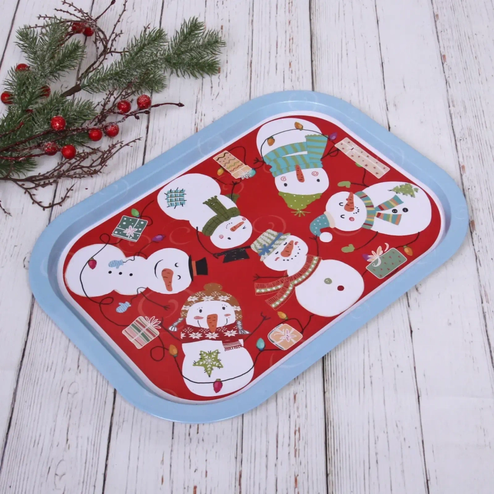 Поднос жестяной 40*28см «Веселые снеговики»