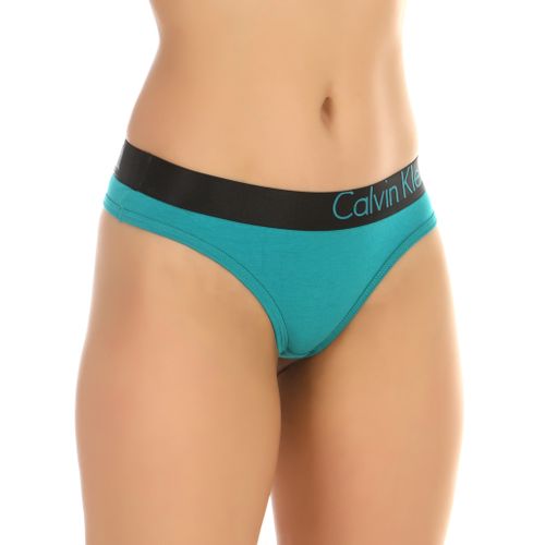Женские трусы тонги изумрудные с черной резинкой Calvin Klein Women Black Emerald
