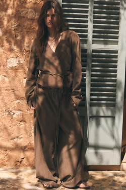 ZARA БРЮКИ ПАЛАЦЦО С ЗАВЯЗКАМИ, ТЕМНО-КОРИЧНЕВЫЙ