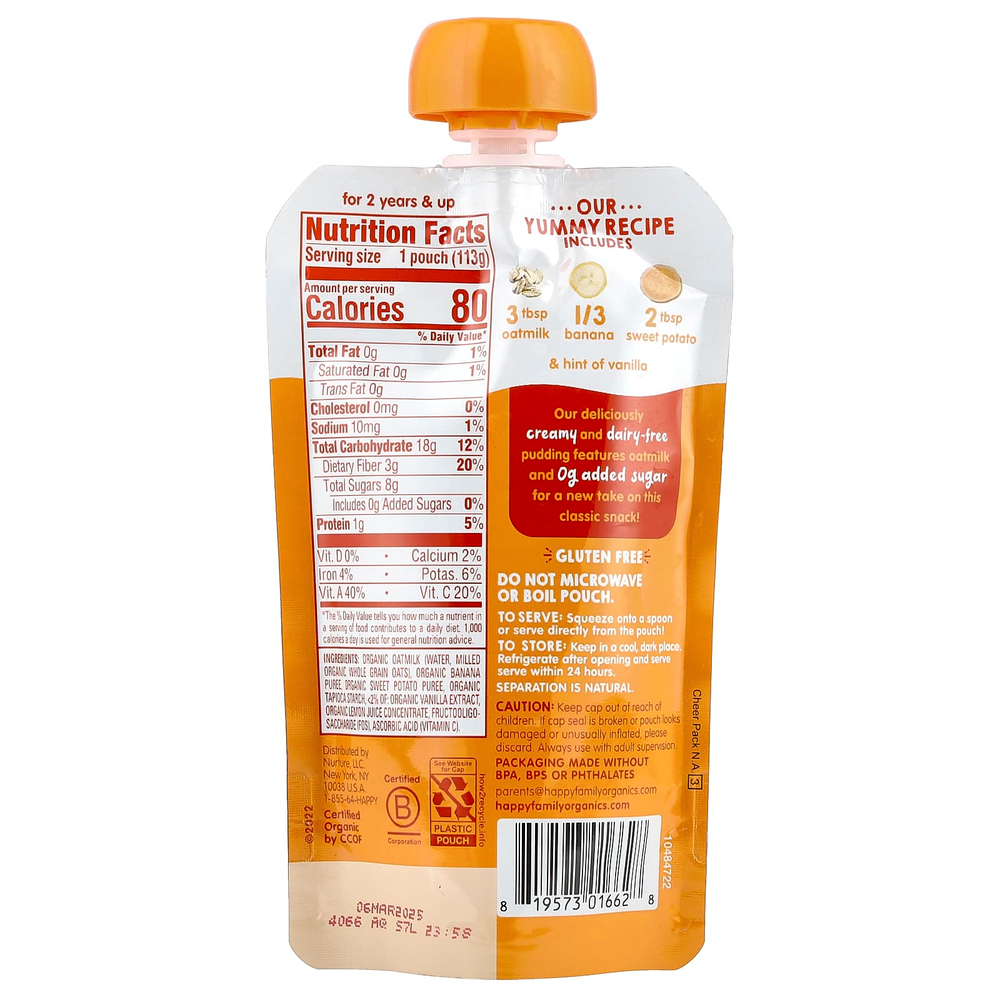 Happy Family Organics, Happy Tot®, овсяный пудинг, для детей от 2 лет, органическое овсяное молоко, бананы и батат, 113 г (4 унции)