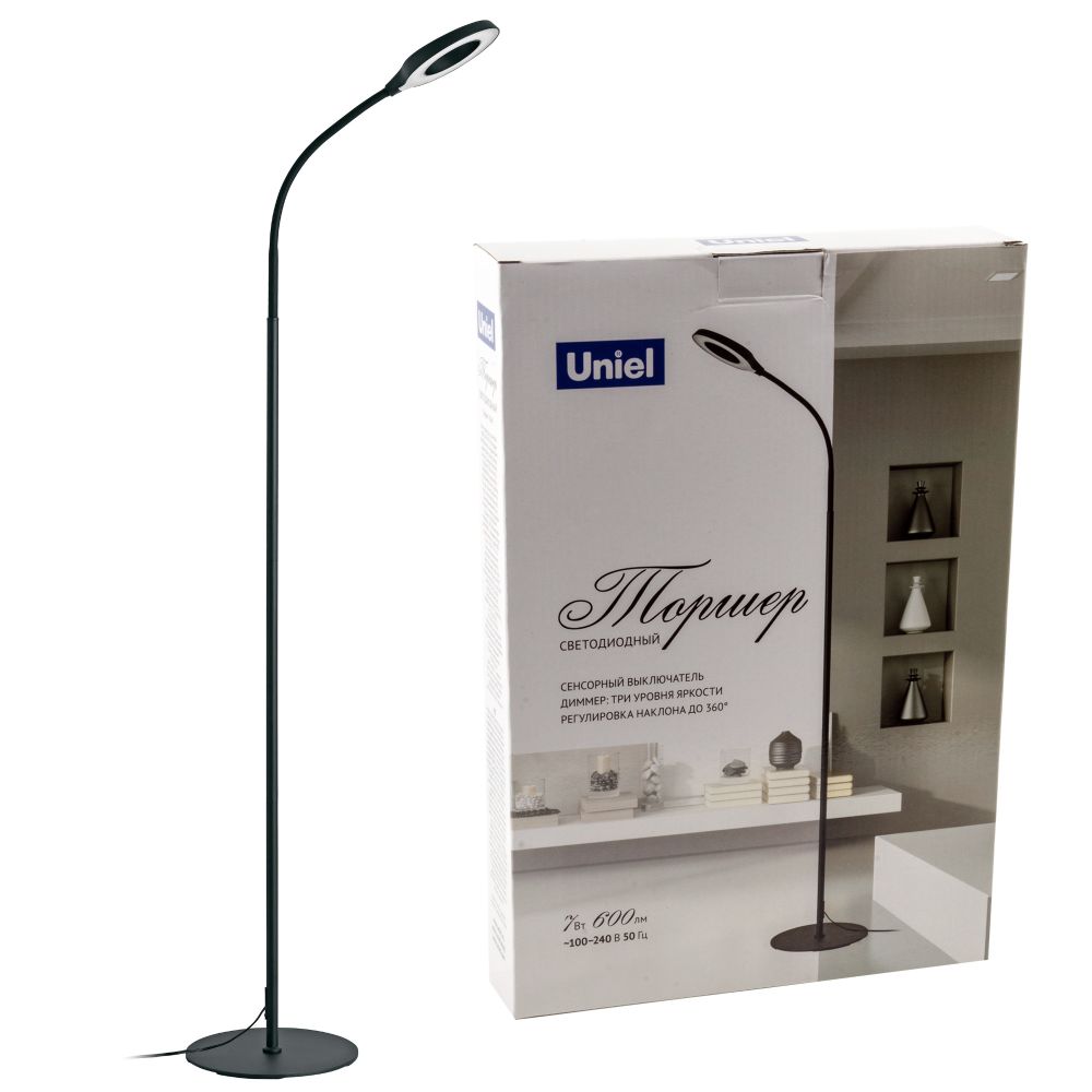 ULM-T610 7W-4500K-DIM BLACK Торшер напольный светодиодный. 7W. с регулировкой наклона. Сенсорный выключатель. Диммер. Черный. ТМ Uniel