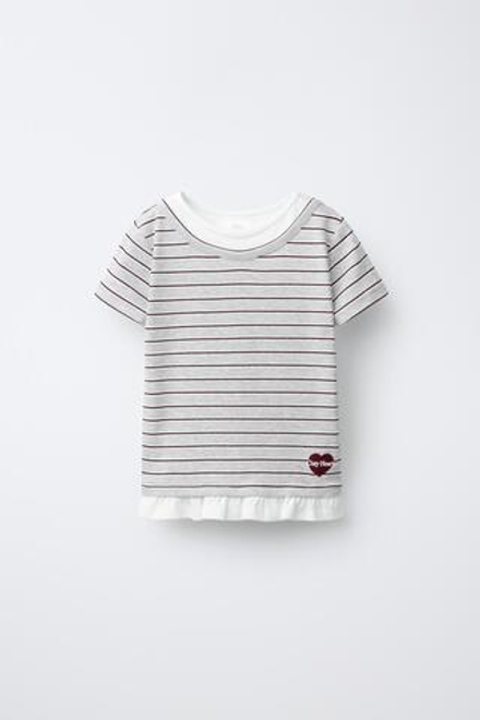 ZARA ФУТБОЛКА В ПОЛОСКУ С ДВОЙНЫМ ВОРОТНИКОМ, СЕРЫЙ МЕЛАНЖ