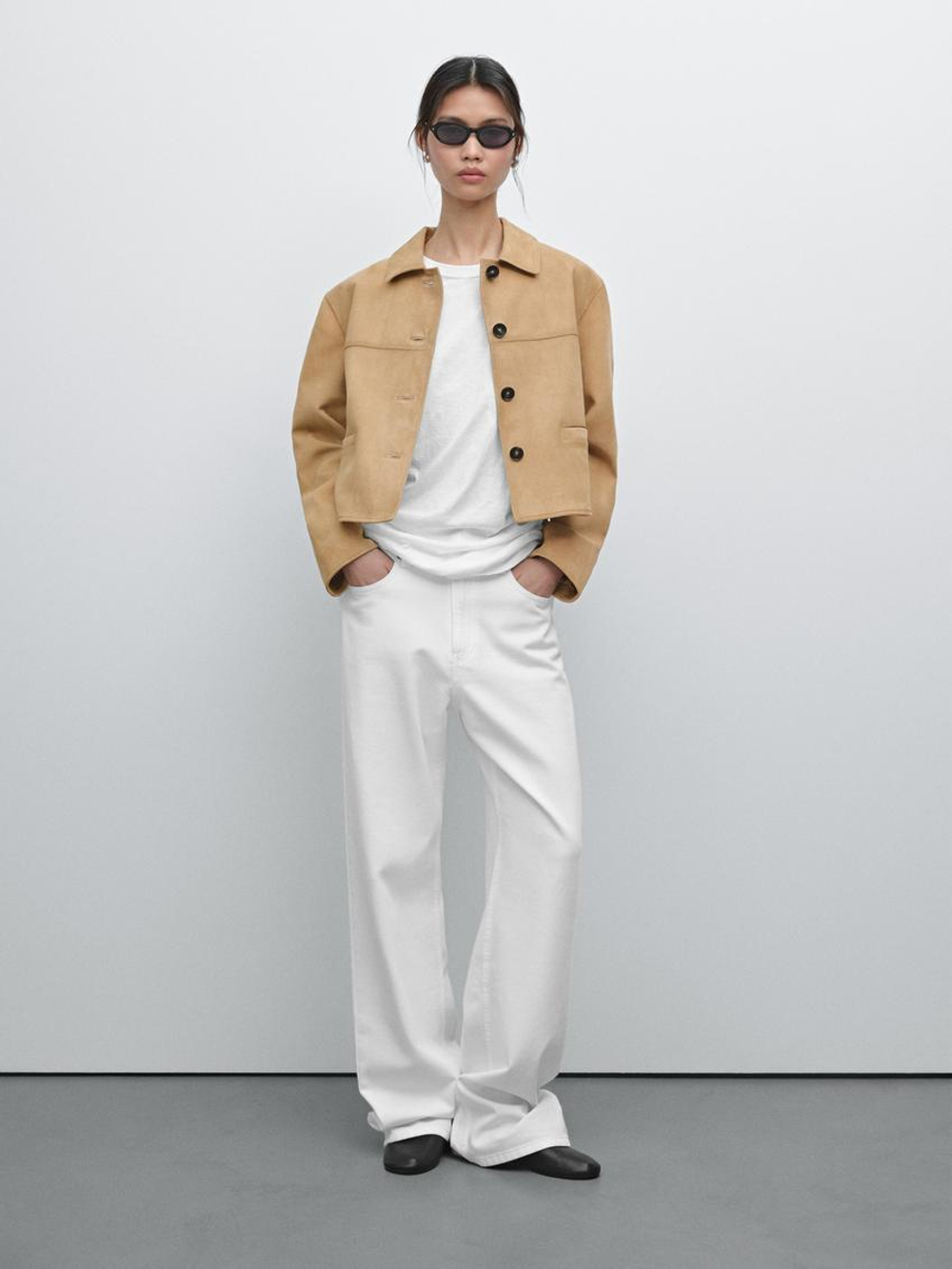 Massimo Dutti Короткая куртка из замши с декоративной строчкой, песочный