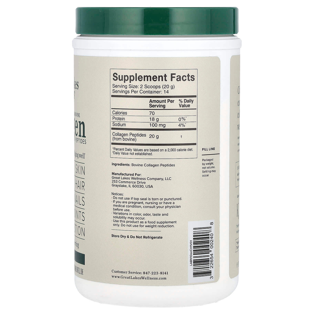 Great Lakes Wellness, Grass-Fed Bovine Collagen Peptides, Unflavored, 10 oz (284 g)