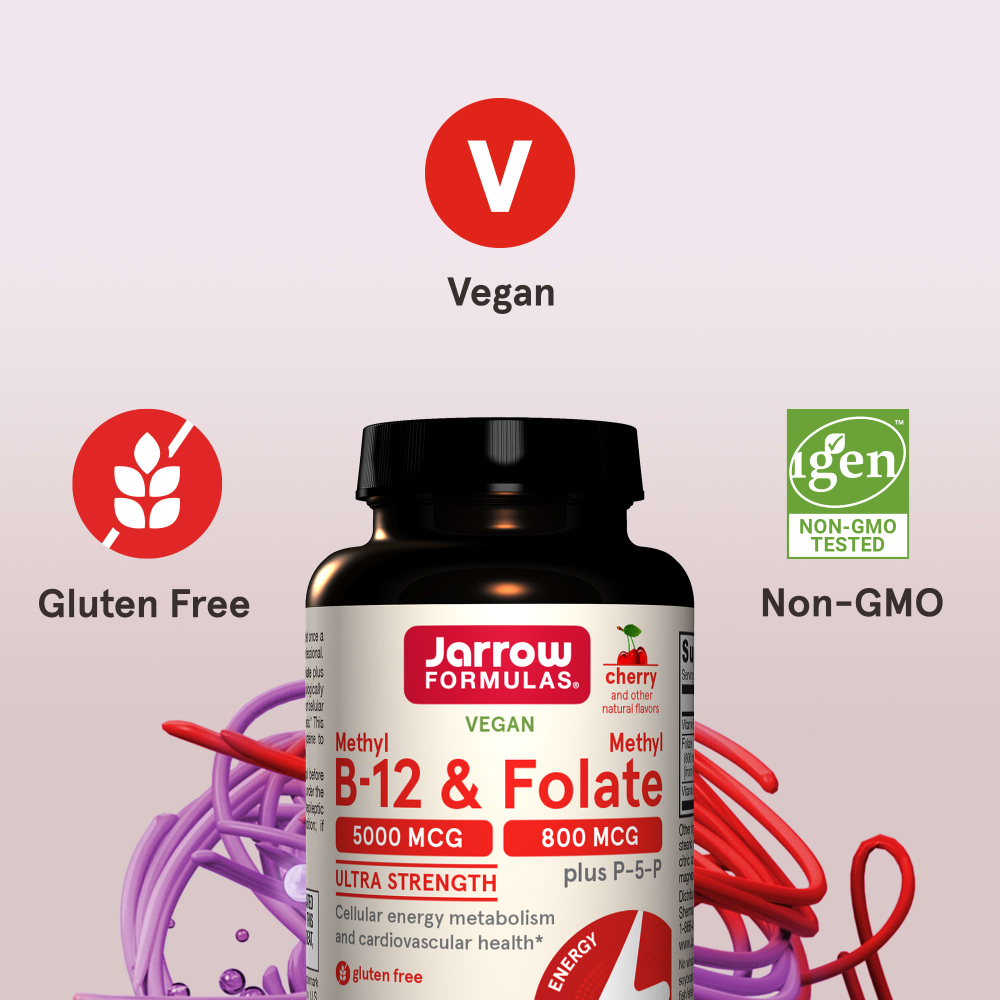 Jarrow Formulas, веганский метил B12 и метилфолат, максимальная сила действия, со вкусом вишни, 60 жевательных таблеток
