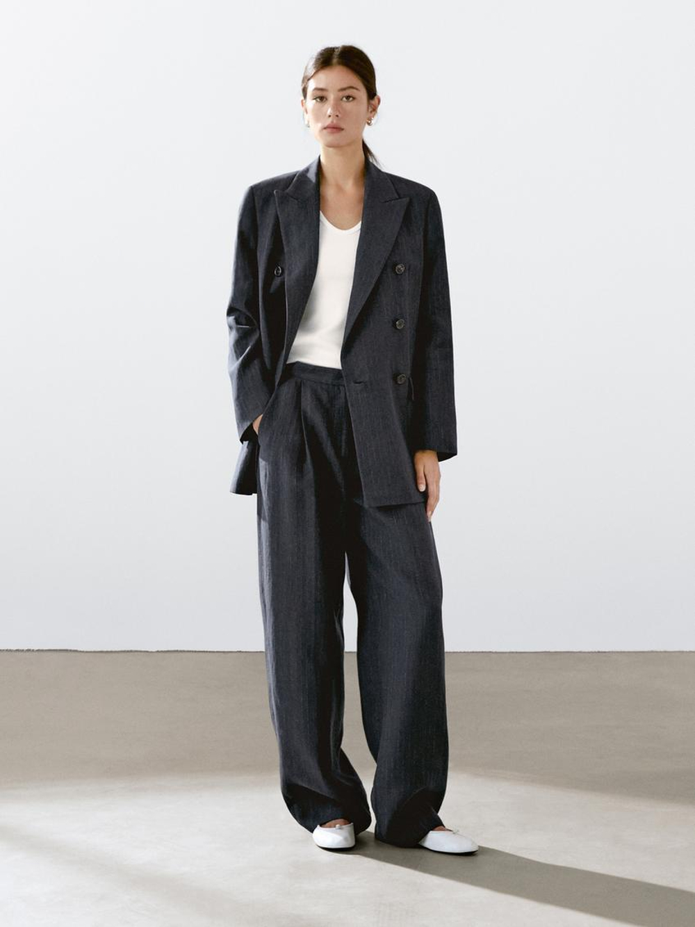 Massimo Dutti Блейзер из смесового льна в тонкую полоску, темно-синий