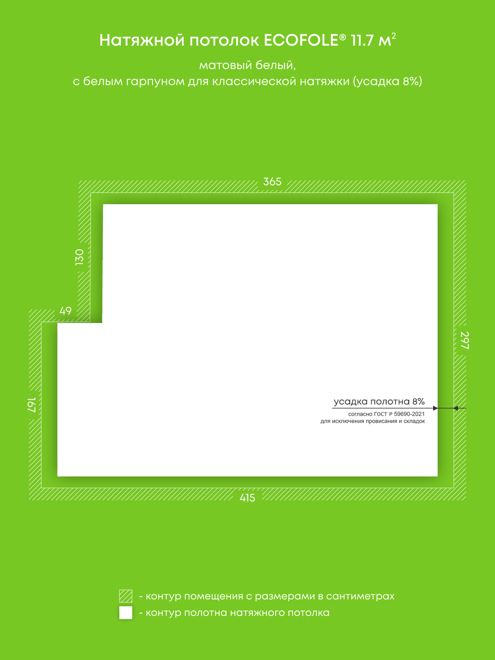 Матовый натяжной потолок 11.7 м2