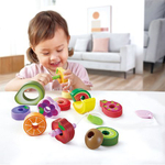 Игрушка деревянная шнуровка для детей "Веселые гусеницы" (14 предметов - шнурки и фрукты)