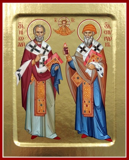 Икона Николая Чудотворца и Спиридона Тримифунтского, святителей на дереве: 125 х 160 (Синопсисъ)