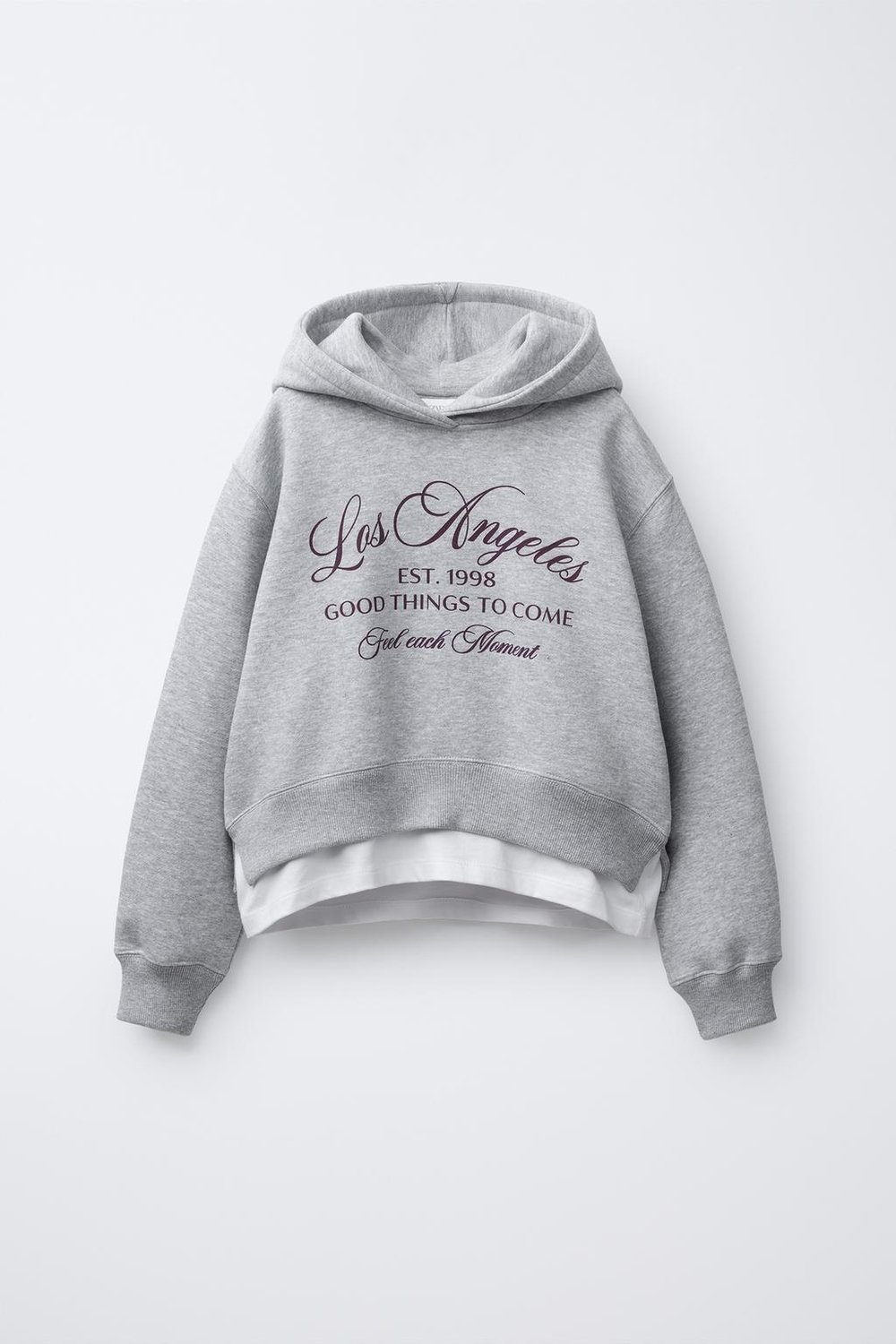 ZARA ТОЛСТОВКА С ДВОЙНЫМ НИЗОМ, КАПЮШОНОМ И В СТИЛЕ ПРЕППИ, СЕРЫЙ МЕЛАНЖ