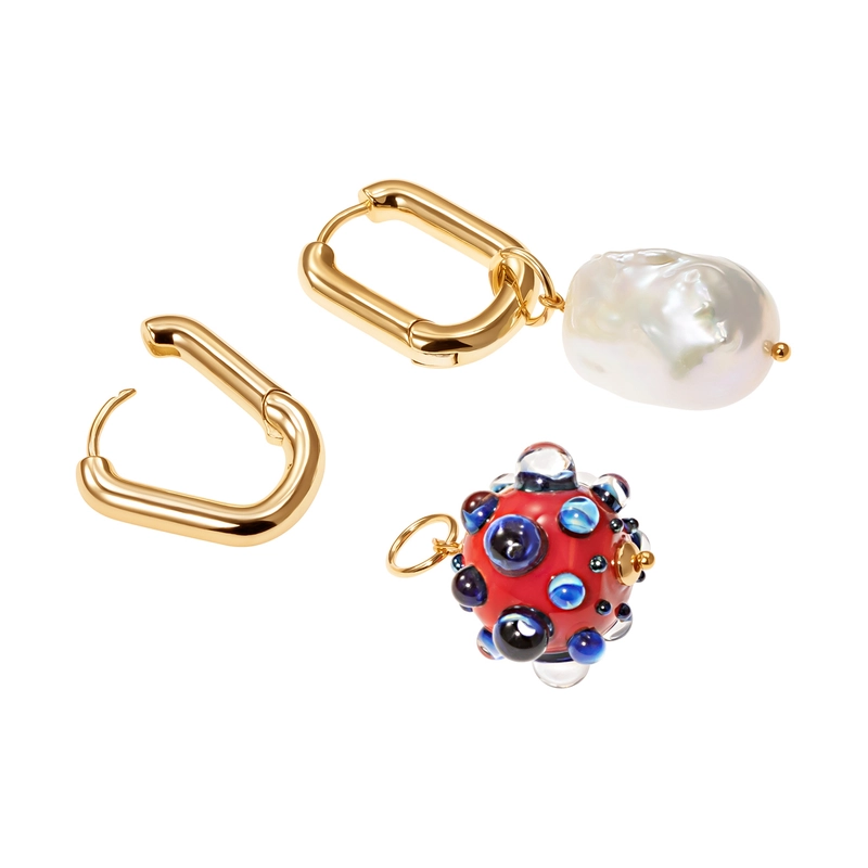 Серьги с красно-синей бусиной Мурано и жемчужиной