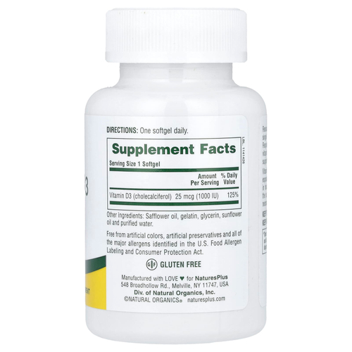 NaturesPlus, витамин D3, 25 мкг (1000 МЕ), 180 капсул