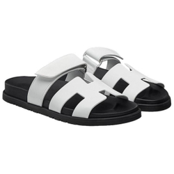 Hermes Chypre leather flat-bottomed one-word fashion sandals women's white, H211114Z 90