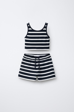 ZARA КОМПЛЕКТ ИЗ ФУТБОЛКИ И ШОРТОВ-БЕРМУДОВ В РУБЧИК HEAVY, БЕЛЫЙ/МОРСКОЙ СИНИЙ