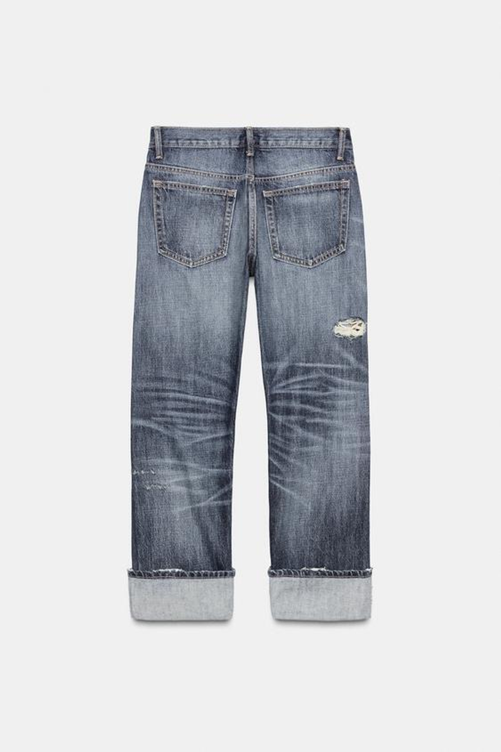 ZARA ПРЯМЫЕ ДЖИНСЫ TRF С ДЫРАМИ СРЕДНЕЙ ПОСАДКИ, МОРСКОЙ СИНИЙ