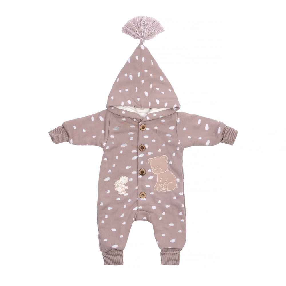 Вязаный комбинезон с капюшоном коричневый на пуговицах