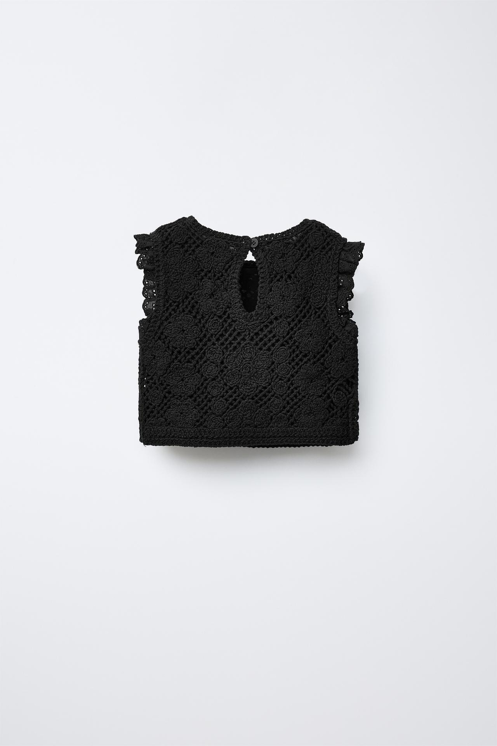 ZARA ТРИКОТАЖНЫЙ ТОП ИЗ КРУЖЕВА КРОШЕ, ЧЕРНЫЙ