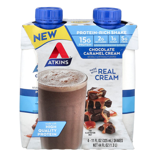 Atkins, Protein-Rich Shake, шоколадно-карамельный крем, 4 коктейля, 325 мл (11 жидк. унц.)