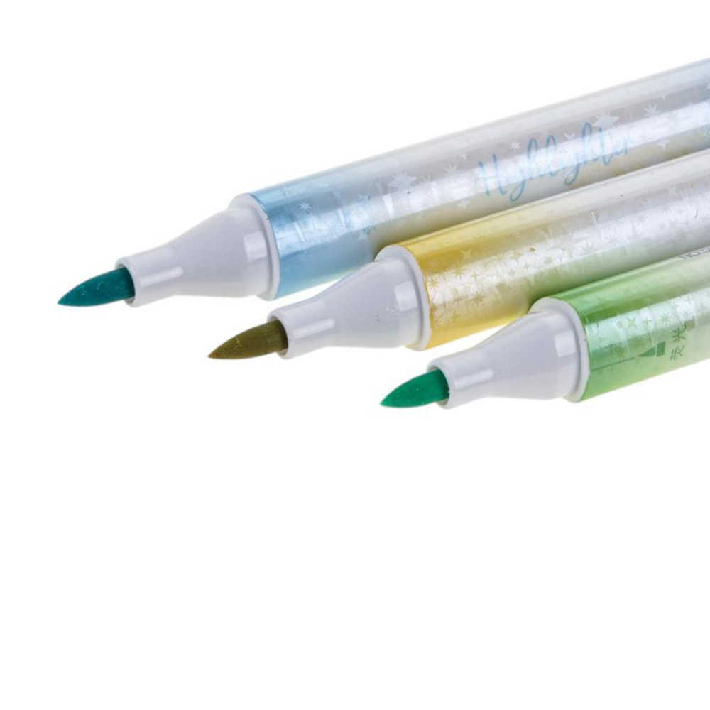 Набор текстовыделителей 3шт. 2-х стор,1 стор-кисточка,цв.пастель, 2 стор-с блестк. голубой