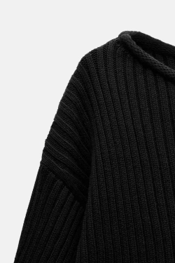 ZARA УКОРОЧЕННЫЙ СВИТЕР ИЗ РИФЛЕНОГО ТРИКОТАЖА, ЧЕРНЫЙ