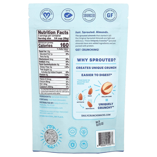 Daily Crunch, Проросший миндаль, оригинальный, 141 г (5 унций)