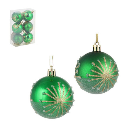 Набор елочных шаров 6 см, 6 шт., зеленый с рисунком, пластик